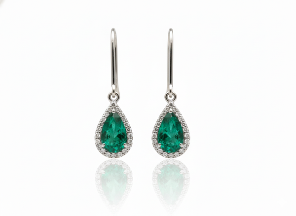 Luxurious 6 carat Pear shape Natural Emerald and Diamond Teardrop DangleEarrings in 14K Gold