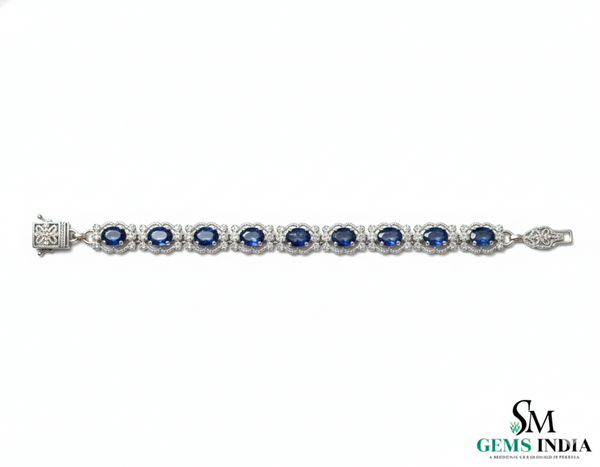 Classic Oval Blue Sapphire Bracelet with Diamond-Style Halo - Statement Jewelry