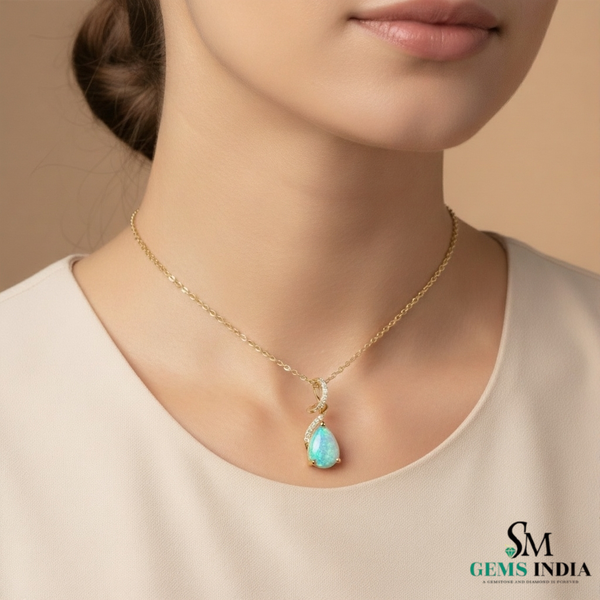 Teardrop Blue Opal Pendant with Diamond Twist – Fine Gold Jewelry