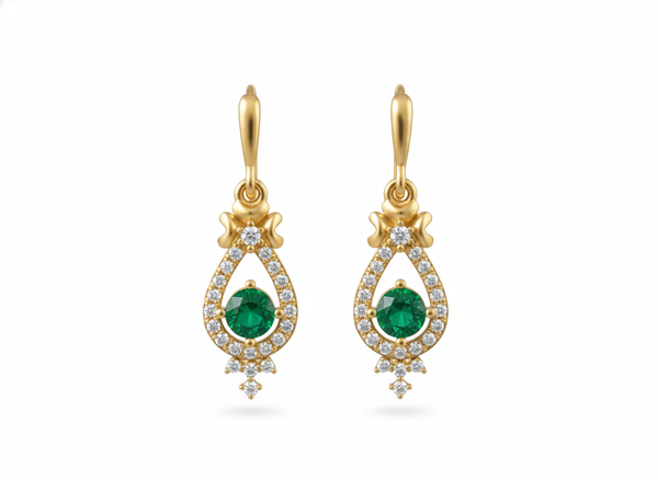 2 carat Round Natural Emerald Drop Earrings for Women Antique Gold Diamond Halo
