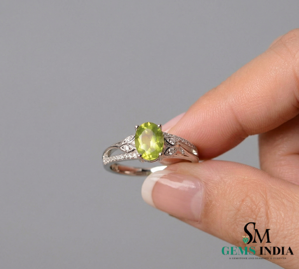 Oval Peridot Ring with Diamond Leaf Accents - Promise ring