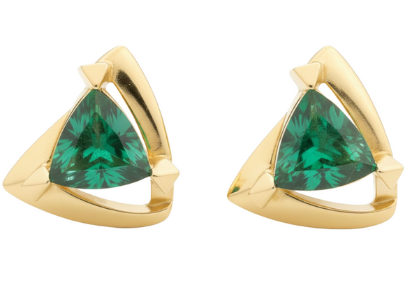 Trillion Cut Triangle shape Natural Emerald Stud Earrings in 14k gold Bold Geometric Earrings