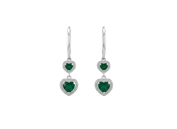 Romantic Double Heart Natural emerald Dangle Earrings in Gold with Green Stones