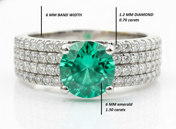 Round Natural Emerald and Diamond Multi-Row Band Engagement Ring in 14K Gold Handmade Fine Gold Jewelry