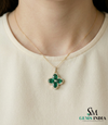 Oval Emerald Cluster Clover Pendant with Diamond Halo in Gold