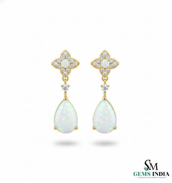 Pear Opal Stud with Round Opal Diamond Drop Earrings – October Birthstone
