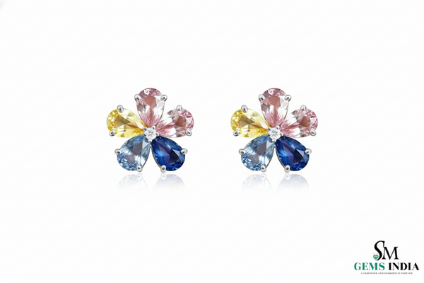 Multicolor Sapphire & Gemstone Flower Stud Earrings – Floral Diamond Accent Earrings for Women