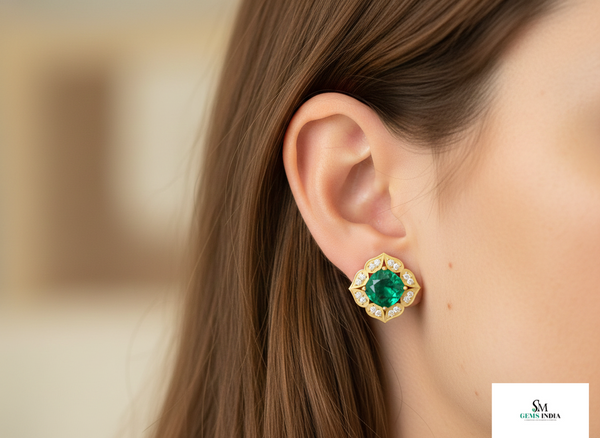 Vintage Floral cushion cutNatural Emerald & Diamond Stud Earrings in 18K Gold
