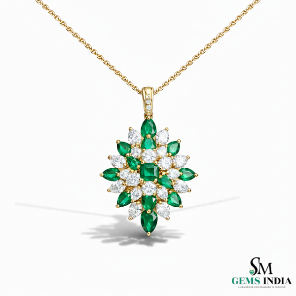 Square and Pear Natural Green Emerald Flower Burst Pendant with Moissanite Accents