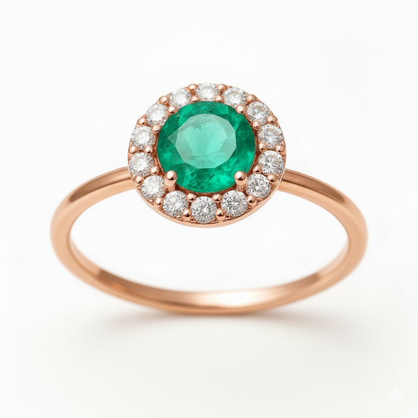 1.50 carat round natural Zambian emerald Gemstone and diamonds ring for woman's in 14k Solid Gold