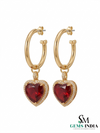 Heart Shaped Ruby Dangle Hoop Earrings with Diamond Halo - Romantic Jewelry For Her