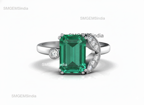 4.10 carat Modern Emerald cut Natural Emerald & Diamond Asymmetric Promise Ring in 14KGold