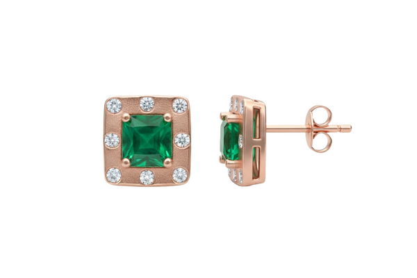 Octagon Natural Emerald & Diamond Halo Stud Earrings in 14k gold
