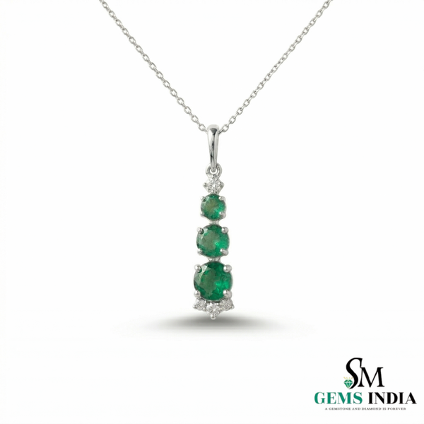 Fine Jewelry Three Stone Emerald ; Diamond Drop Pendant