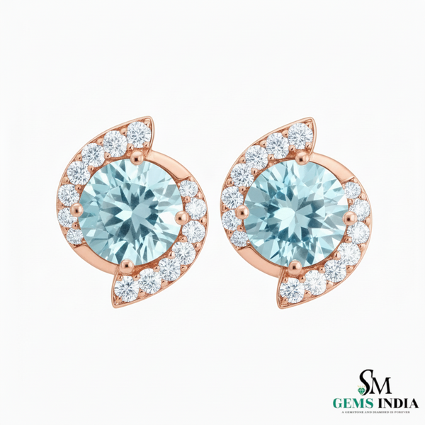 Round Cut Aquamarine & Diamond Stud Earrings