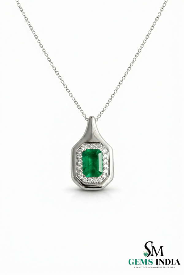Emerald Cut Green Emerald Diamond Cluster Pendant for Women