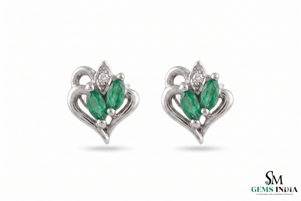 Marquise Emerald Heart Shaped Gold Stud Earrings