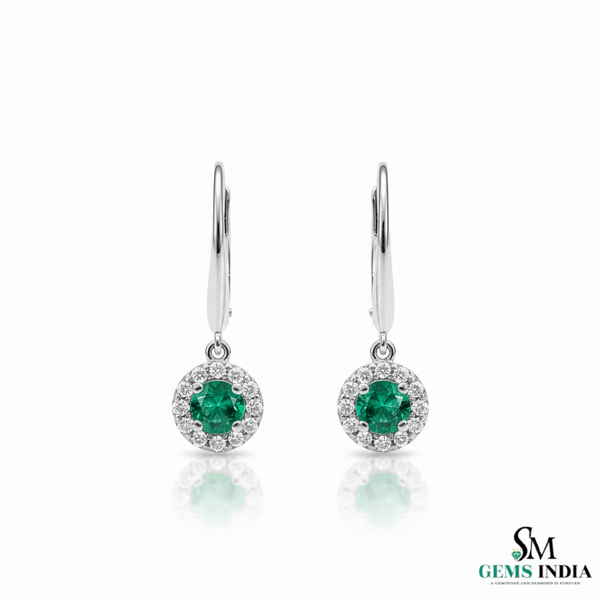 Round Emerald Halo Diamond Drop Leverback Earrings - Fine Gemstone Jewelry