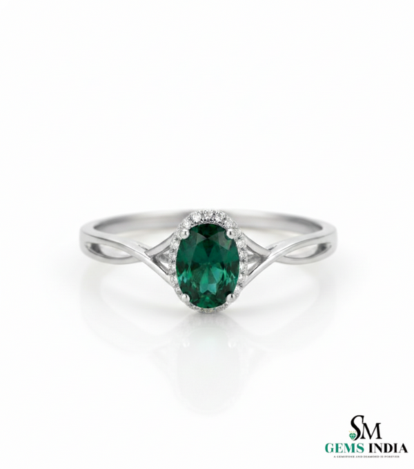 Oval Cut Emerald Ring with Diamond Halo & Split Shank Band