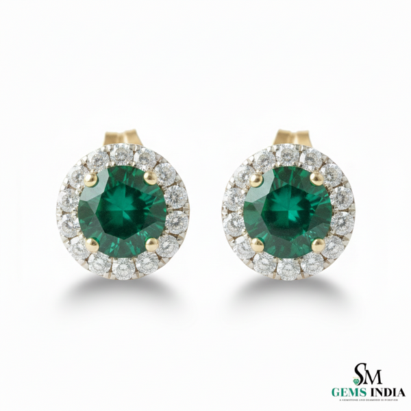 Natural Emerald and Diamond Halo Stud Earrings – Fine Gold Jewelry