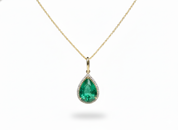 5.90 carat Teardrop natural Emerald Pendant with Diamond Halo Fine Gold Jewelry