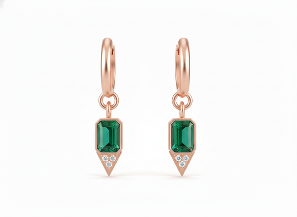 Emerald cut Natural Emerald Green Stone Dangle Earrings Diamond Accent Dangles