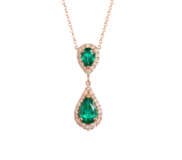 4 carat Double Pear Emerald and Diamond Halo Pendant in 14K Gold Gift for her