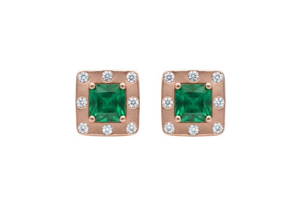 Octagon Natural Emerald & Diamond Halo Stud Earrings in 14k gold