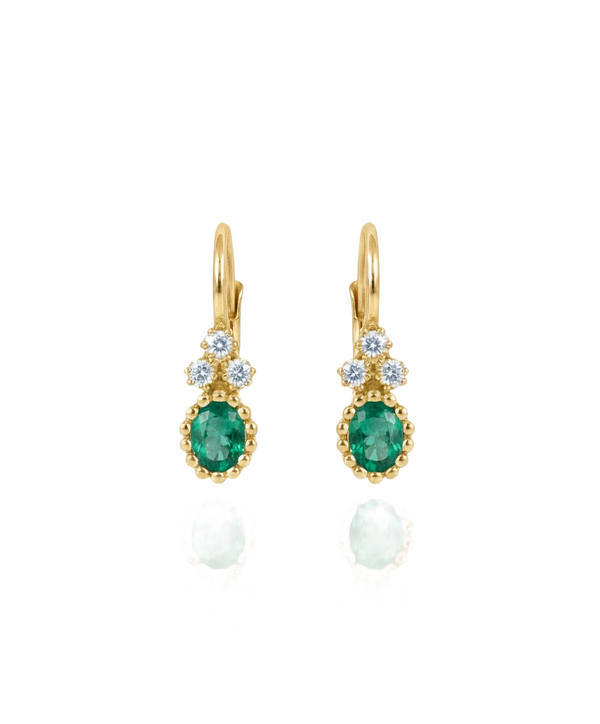 2.10 carat Oval Natural Emerald Dangle Earrings with Diamond Cluster 14K Gold Gift for Her