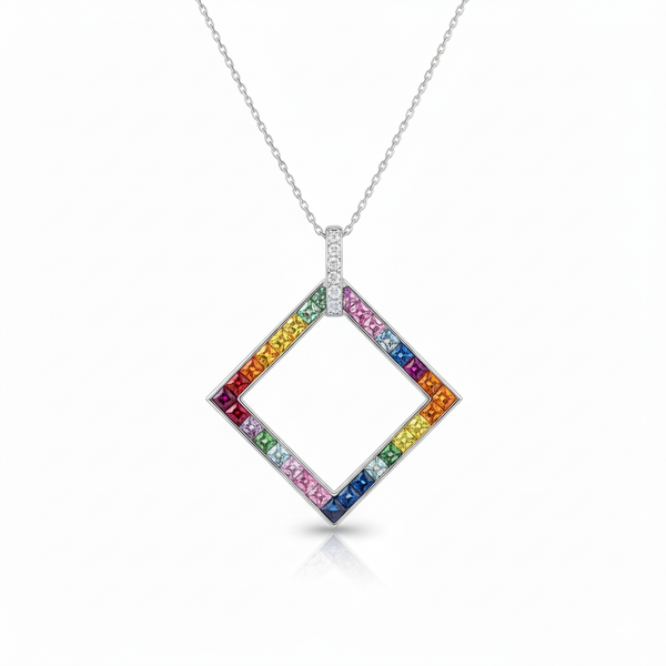 Rainbow Square Pendant in 18k Gold Multicolor Gemstone Charm