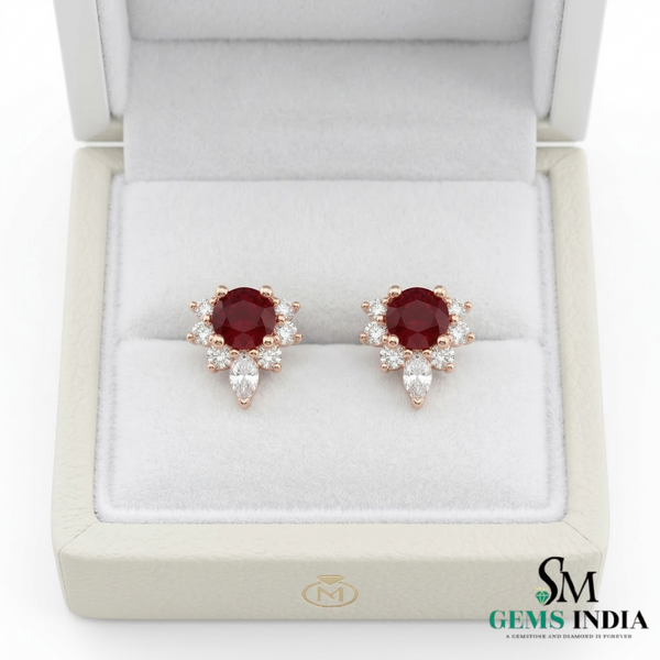 Round Ruby & Diamond Halo Stud Earrings Elegant Fine Jewelry Gift for Women