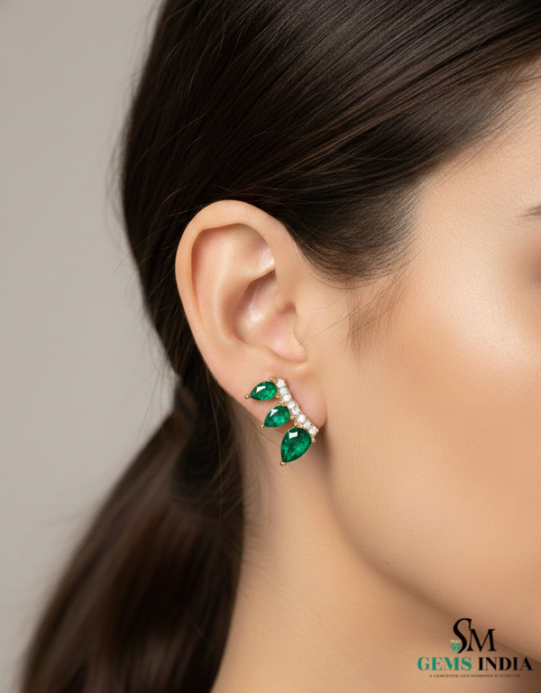 Pear Shape Emerald & Diamond Curved Bar Stud Earrings