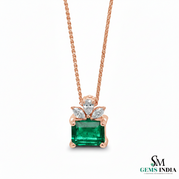 Emerald Cut Green Emerald Pendant with Diamond Cluster Bail Pendant