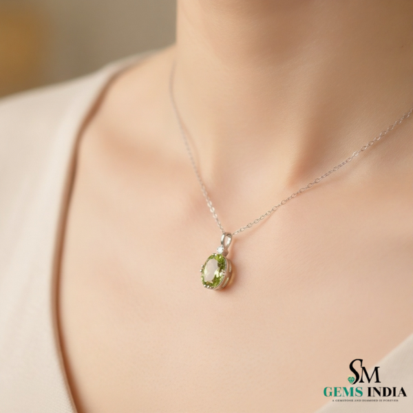 Natural Green Peridot Oval Pendant with Diamond Accent