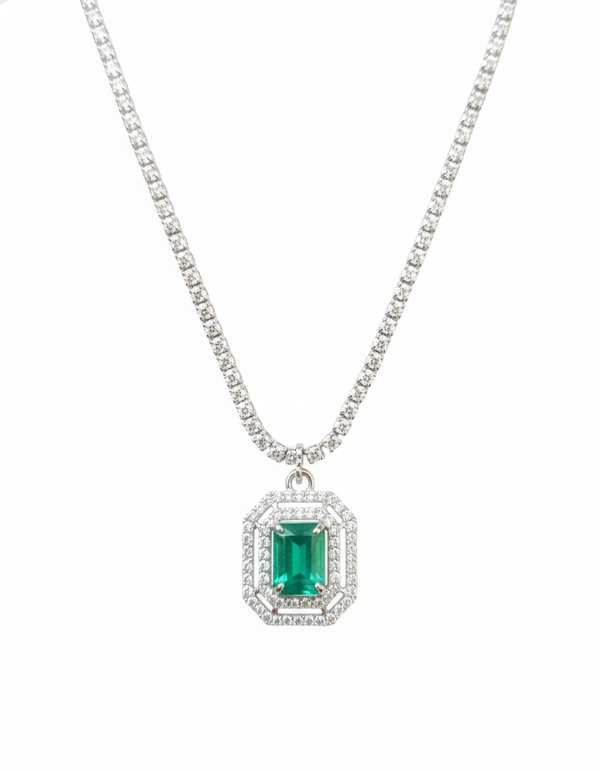 2.50 carat Green Emerald Diamond Halo Necklace With Luxury Emerald-Cut Pendant Anniversary gift