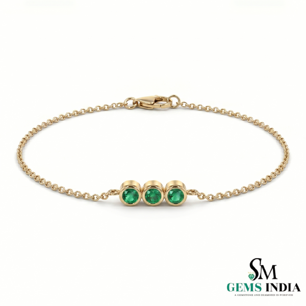 Fine Emerald Three Stone Bracelet – 14K Gold Bezel Set Trio Minimal Everyday Jewelry