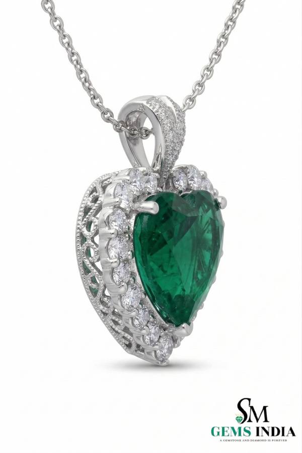 Heart Shape Emerald & Diamond Halo Pendant in Gold - Green Emerald Heart for Women