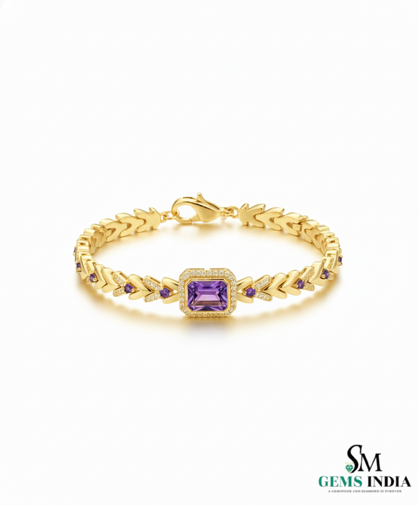 Emerald-Cut and Round Amethyst Diamond Halo Bracelet for Women