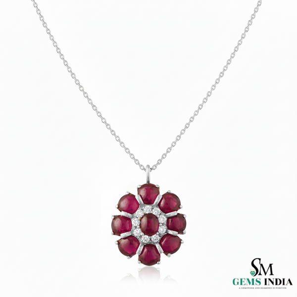 Classic Cabochon Natural Ruby Floral Pendant Necklace – Elegant Fine Jewelry