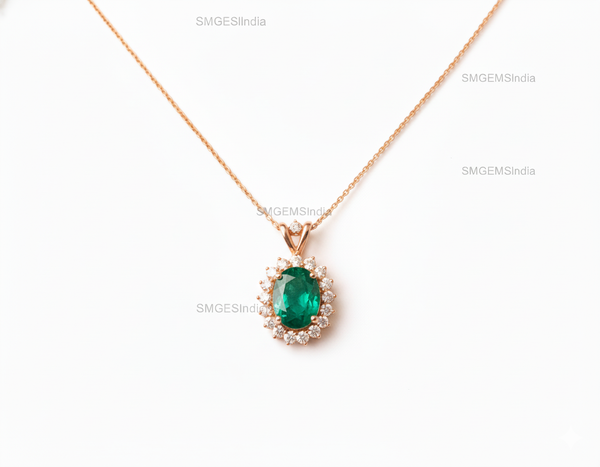 Vintage style 2.30 carat Oval shape Natural Emerald and Diamond Halo Pendant Necklace in 14K gold