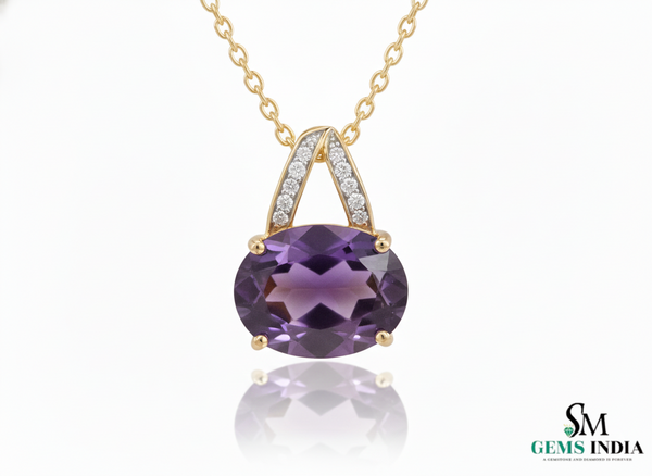 Oval Cut Amethyst & Diamond Drop Pendant– Minimal Diamond Accent