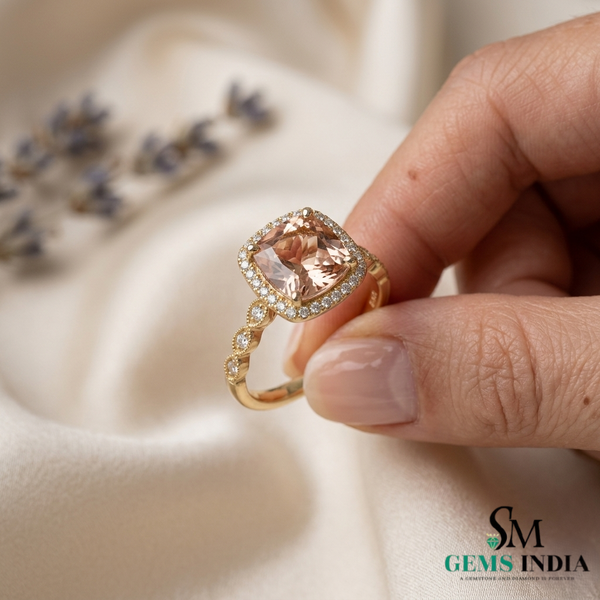 Cushion Cut Peach Statement Morganite Halo Ring with Brilliant Diamond Border