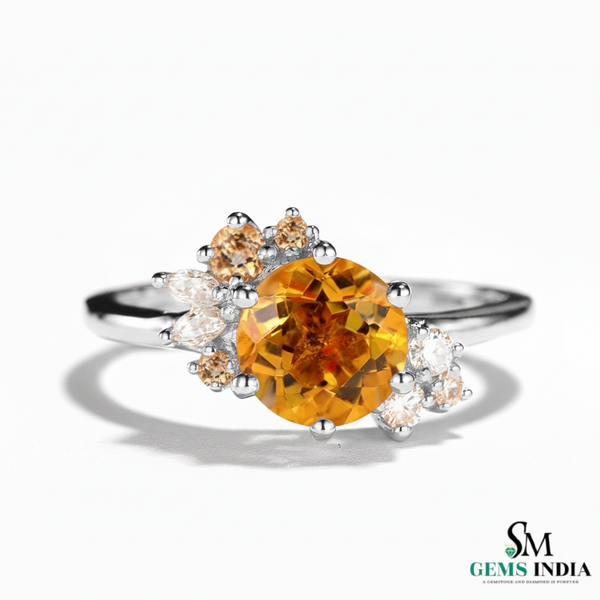 Round Orange Citrine Floral Ring with Diamond Accents in 14k and 18k Gold