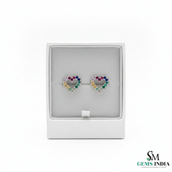 Round Luxury Multi Color Sapphire Open Heart Stud Earrings - Luxury Heart Earrings