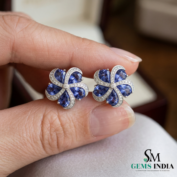 Elegant Tanzanite Blossom Stud Earrings with Diamonds