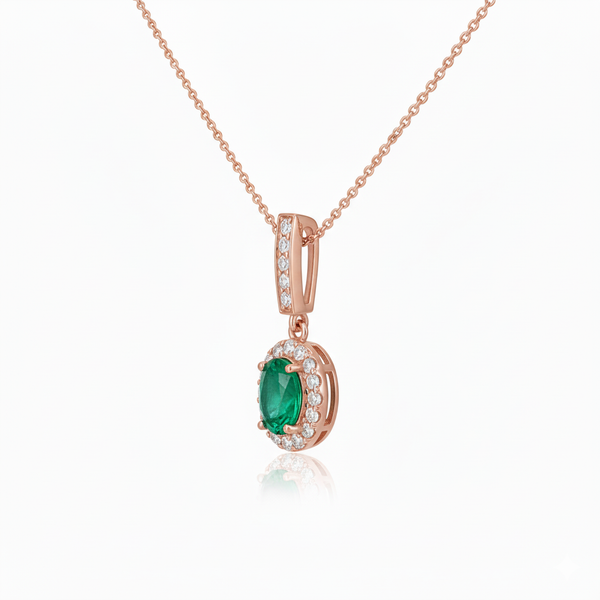 2 carat Oval cut 14K Gold Natural Emerald Halo Pendant with Dainty Diamond Accents