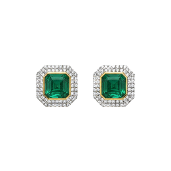 Elegant Octagon cut Natural Emerald Green Stud Earrings with Dazzling Halo