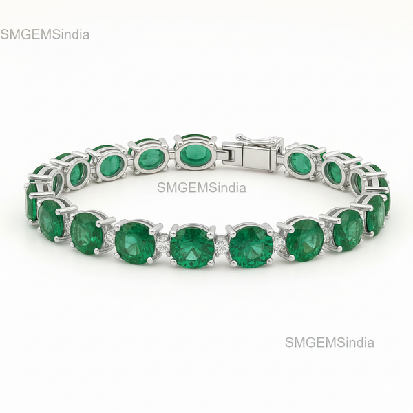 Classic Round Natural Emerald Tennis Bracelet with Diamond Accents