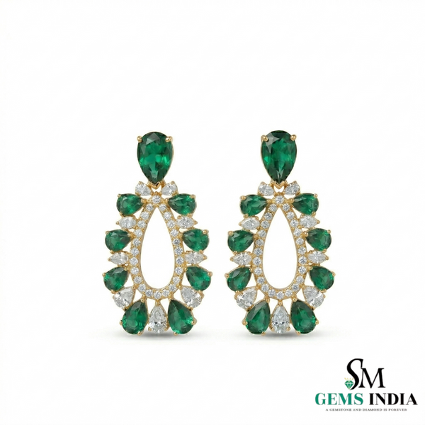 Pear Shape Emerald &; Diamond Drop Earrings in 18k Gold – Statement Jewelry