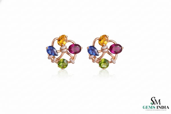 Luxury Multi-Stone Gold Stud Earrings with Diamond Accents